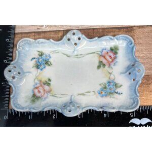 Vintage Hand Painted Porcelain Trinket Tray With Pink Roses & Blue Forget Me Not